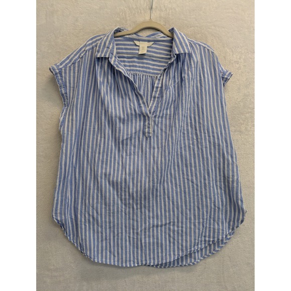 H&M Blue White Stripe Collared Cap Sleeve Tunic Shirt Top Women L - Picture 1 of 8